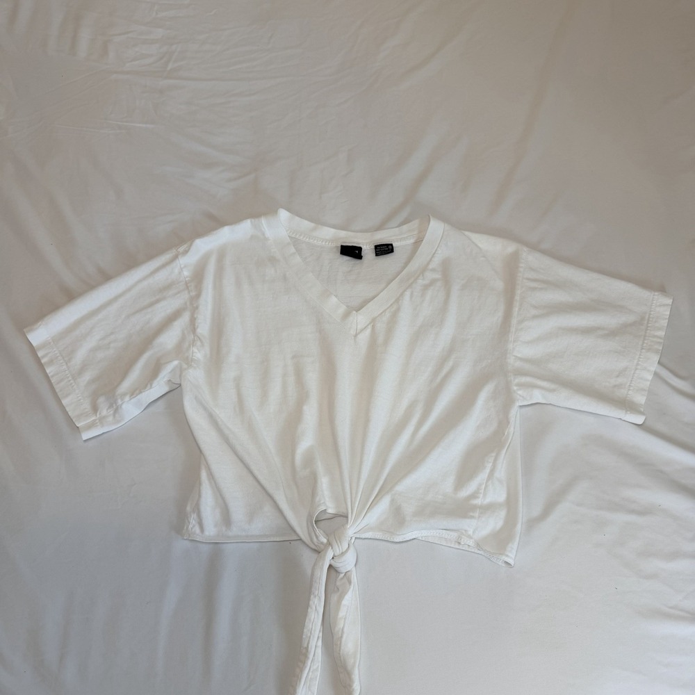 Vintage Basic Editions Cropped V Neck T Shirt‎ Womens Tie Bottom 90s Size Medium